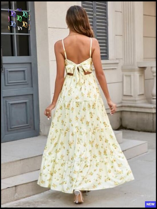 Floral Maxi Sundress Boho V Neck Spaghetti Strap Backless Bow Tie Beach Dress - Picture 7 of 7